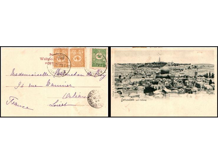 1904 illustrated postcard sent from ottoman post Jerusalem franket with 5pa x 2 and 10p sent to Paris pmkCat Bale: 800.