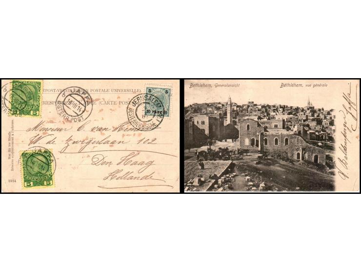 1897-1914 lot of 3 different Illustrated postcards sent from the Austrian Post in Levent from Jerusalem to The Hague, Netherl