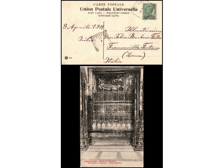 Italy Levante Offices in Asia JERUSALEM Card Sent to LECCE 1911 1909-1911 Italian overprint JERUSALEM 10pa on 5c Sassone Cat.