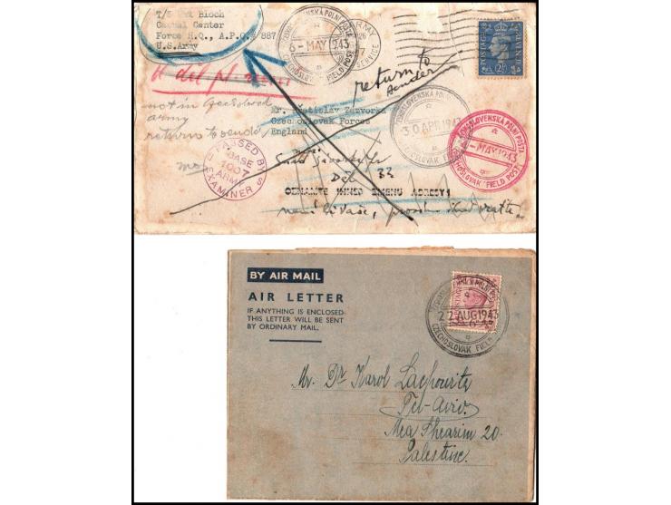&nbsp;Lot of two covers. (1) Airmail dated August 22, 1943, probably during World War II, with the stamping of (Czechoslovak 