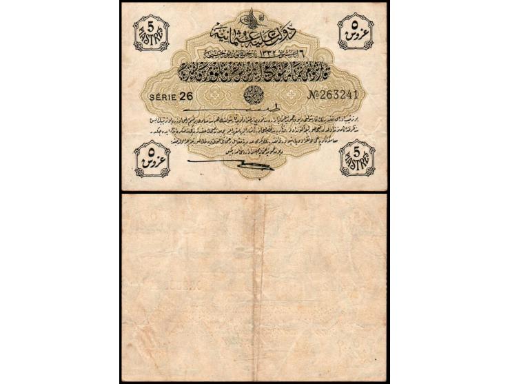 1916-17 AH1332 Turkey Ministry of Finance 5 Piastres Pick#96 Serie 26 - No 263241 VF