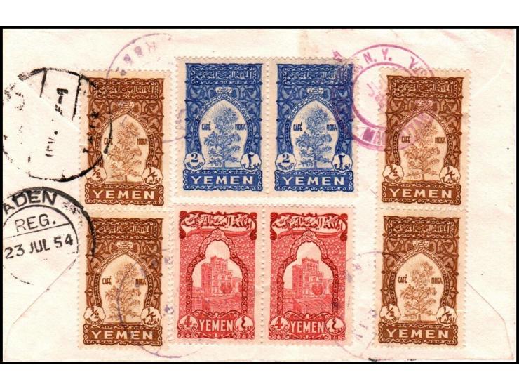 Yemen Air-Mail MiNr: 70II, 72II, 74I revers&nbsp; 47,48, 50.&nbsp; 1954 Registered Cover To Usa (Woodside, Ny) Hudeidah Cance