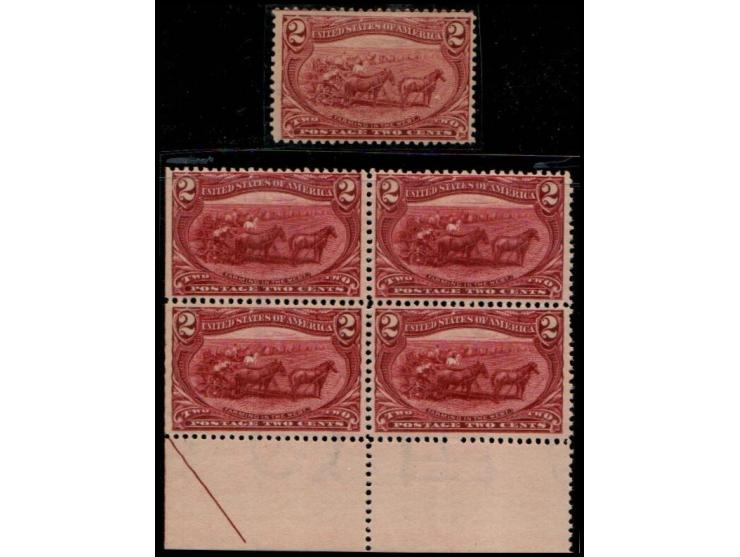 1898, 2¢ Trans-Miss. (Scott 286), bottom plate block of 4, + 1 o.g., including single stamp, stamps never hinged, hinged in s