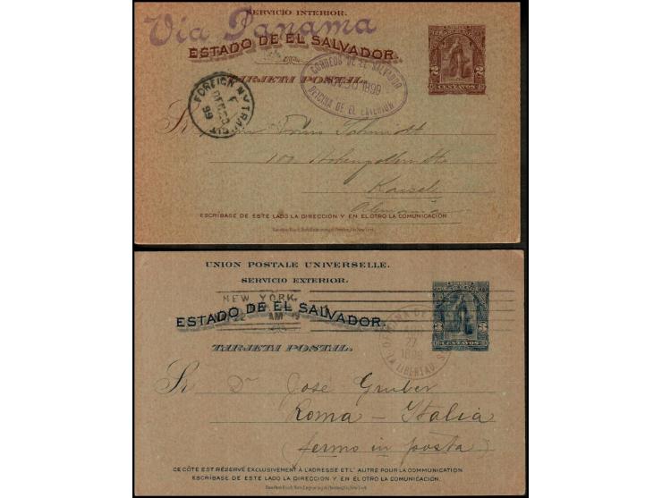 A lot of two postcards. EL SALVADOR - 1899 3c Postcard TO NY, USA. Second 2c postcard sent on 30. nov. 1899 to New York over 