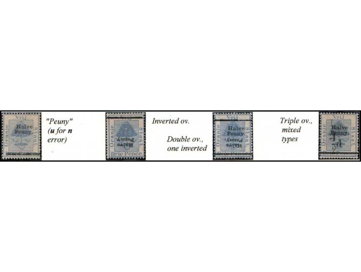 Orange Free State 1896-97 "Half Penny" and "¹/2d" overprints (with errors) on 1883 3d ultramarine stamp.Peuny" (u for n error