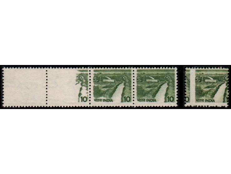 India 1979 Irrigation canal 10p, postage stamp, shift perf \and strip of 4 partly missing color NMH