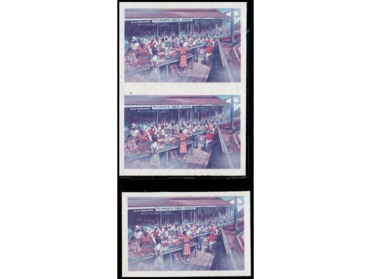 Montserrat 1986 Plymouth Market $1.50 (from Tourism set) pair stamps and single set imperf progressive proofs comprising one 