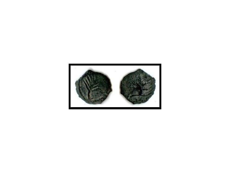 SAMARIA, Caesarea Maritima. "Minim". 1st century&nbsp;CE. Æ 14mm (1.11 gm, 1h). Grape leaf / Palm&nbsp;branch. Kadman Jewish 