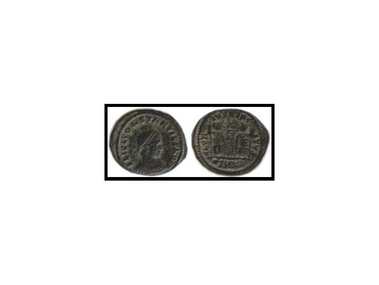 Constantius II, AE3, Cyzicus.FL IVL CONSTANTIVS NOB C, laureate, cuirassed bust right.GLOR-IA EXERC-ITVS, two soldiers holdin