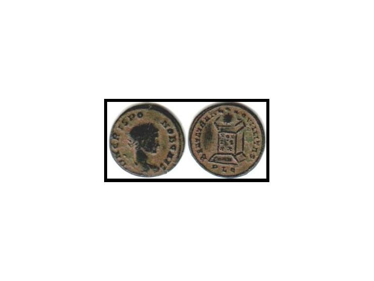 Crispus, AE Follis, Lyons. 323 AD.DN CRISPO-NOB CAES, laureate, cuirassed bust right.BEATA TRAN-QVILLITAS, globe on altar ins