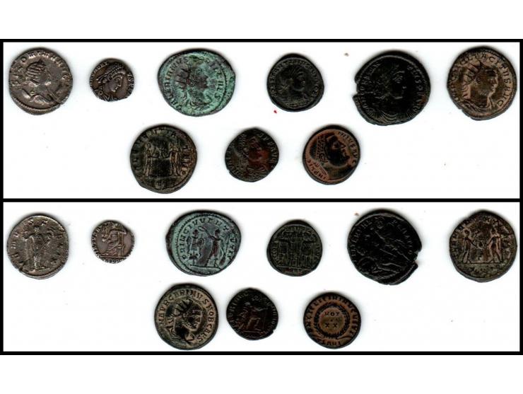 A set of 9 different Roman coins.Two in silver. Salonina cat. 10656, Honorius cat. 20968,and seven in bronze, Volnianus cat. 