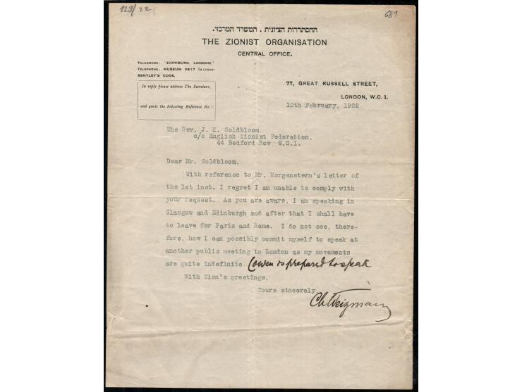 Letter sheet sent by the Zionist Organisation in London 10th February, 1922 from Mr. Chaim Weizmann to Mr. Goldbloom.With ref