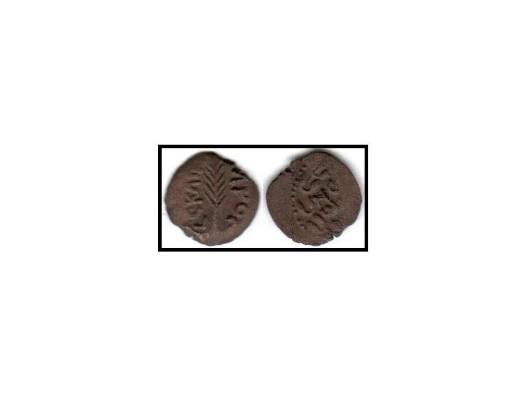 Judaea, Procuratorial. Porcius Festus. Æ Prutah (2.34g. 16.5mm), 59-62 CE. Jerusalem, RY 5 of Nero (58/9 CE). ΝΕΡ/ΝΟ/C (retro