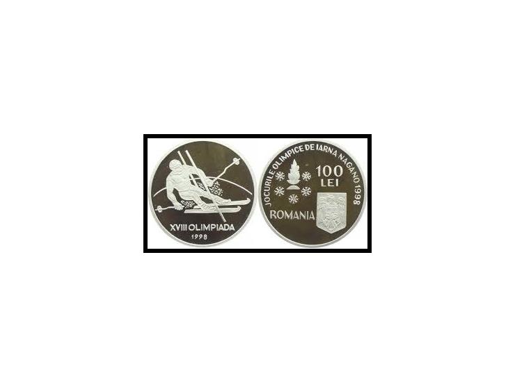 Romania 1998, 100 Lei Sterling Silver Coin&nbsp;Winter Olympics - NAGANO Km # 142Diameter: 37.00 MmWeight: 27,00 GrPrint Type