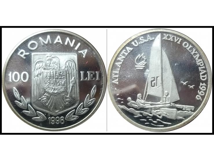 Romania 1996, 100 Lei Sterling Silver Coin&nbsp;Winter Olympics U.S.A – Sailboat with three crewmem Km # 130Diameter: 37.00 M