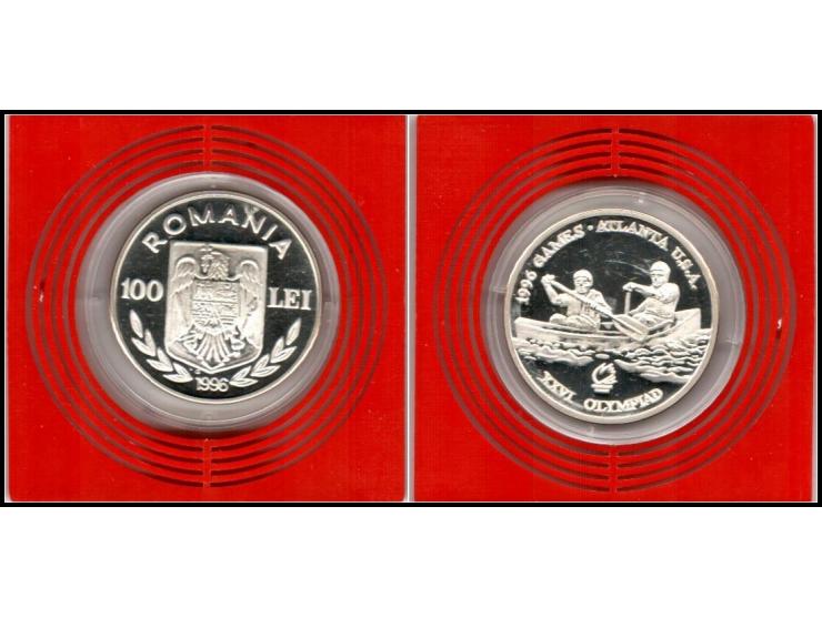 Romania 1996, 100 Lei Sterling Silver Coin&nbsp;Winter Olympics U.S.A – Canoe with two canoeists Km # 131Diameter: 37.00 MmWe