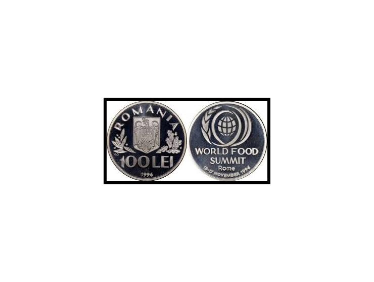 Romania 1996, 100 Lei Sterling Silver Coin&nbsp;World Food &nbsp;Summit Km # 133Diameter: 37.00 MmWeight: 27,00 GrPrint Type 