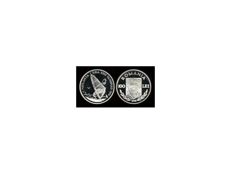 Romania 1996, 100 Lei Sterling Silver Coin&nbsp;Winter Olympics U.S.A – Windsurfer with rowers Km # 129Diameter: 37.00 MmWeig