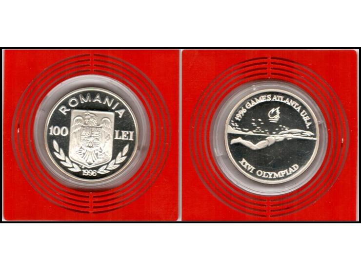 Romania 1996, 100 Lei Sterling Silver Coin&nbsp;Winter Olympics U.S.A – Swimmer Km # 127Diameter: 37.00 MmWeight: 27,00 GrPri