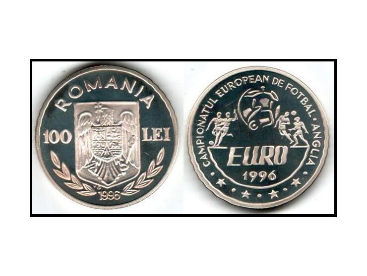 Romania 1996, 100 Lei Sterling Silver Coin&nbsp;Winter Olympics U.S.A – Euro Soccer Km # 119Diameter: 37.00 MmWeight: 27,00 G