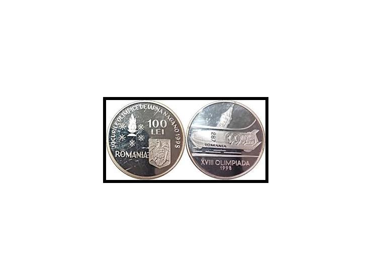 Romania Silver , UNCIRCULATED COMMEMORATIVE COIN&nbsp;&nbsp;Olympic Winter Games, Bobsleigh, Romania 100 Lei 1998 KM # 140Dia