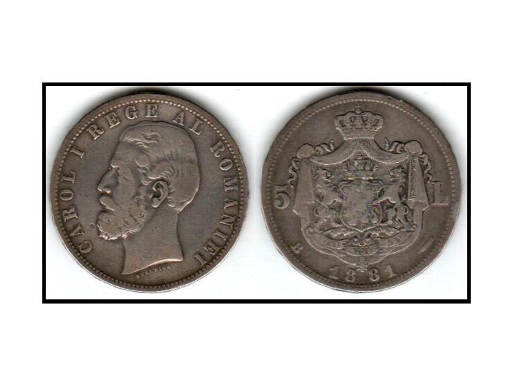 Romania 1881B 5 LEI Silver Coin – Carol I "DOMN" Variant – Rainbow Toned KM # 17.1 used VF