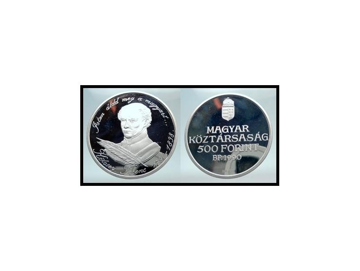 Hungary 500 Forint 1990 BPKM# 699, Schön# 186, N# 34380; Silver., Proof; 200th Anniversary - Birth of Ferenc Kölcsey; Mintage