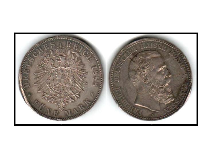 1888 A. Germany - Prussia 5 Mark in used condition, patina on both sides. Several dents damage the edge, KM # 512.