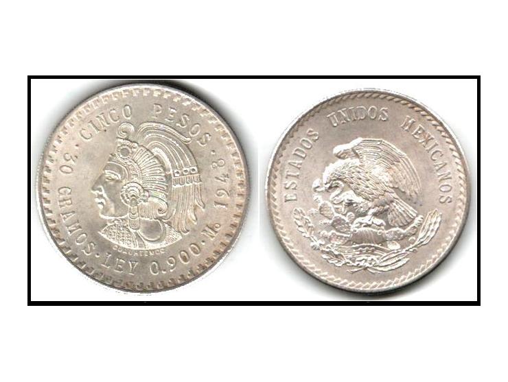 Mexico 1948 5 Peso – KM # 465 AU - .900 Silver
