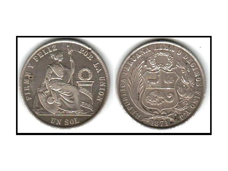 Peru - 1871 Y.J. Silver Sol 37mm (24.75 grams) .900 Silver ( 0.7234 oz. ASW)Reference: KM# 196.3 vf
