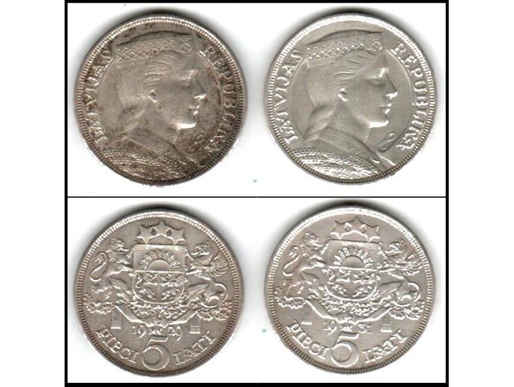 Latvia, 5 Lati &nbsp;Lot of two coins 1929, 1931 - AU(50-53) - Silver - KM:9. VF