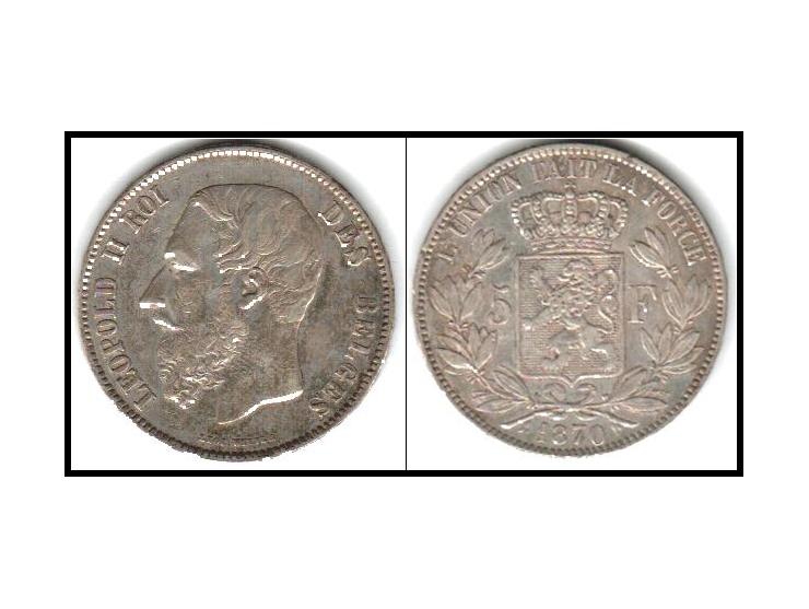 Belgium 1870 KM # 24 Five 5 Francs Nice Toned XF+ Condition.