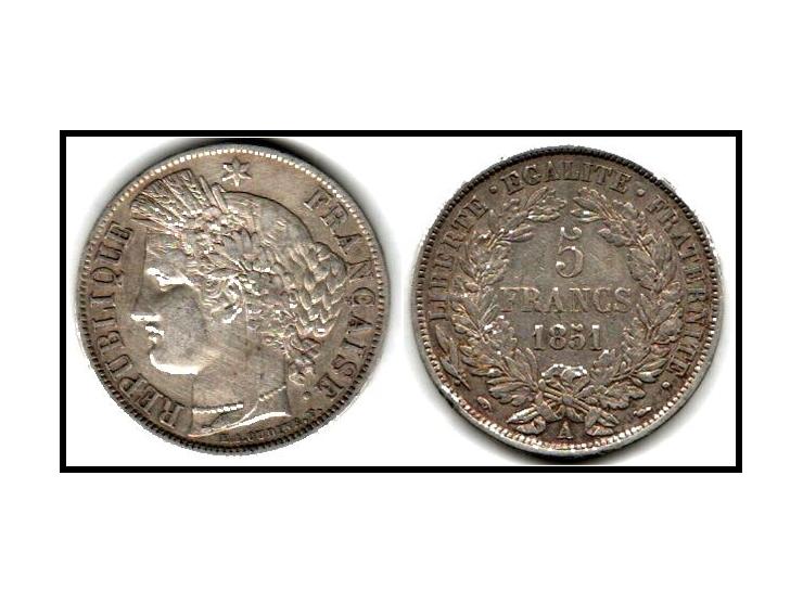 France, 5 Francs, Cérès, 1851A, Paris, Silver, VF, Gadoury: KM:761.1 VF