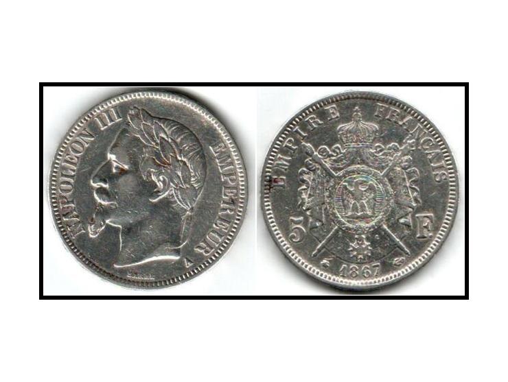 France 5 Francs Emperor 1867A NAPOLEON III Genuine Arms Silver Franc French KM # 799.1 VF