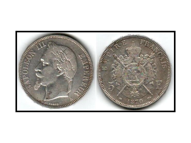 France 5 Francs Emperor 1870A NAPOLEON III Genuine Arms Silver Franc French KM # 799.1 VF