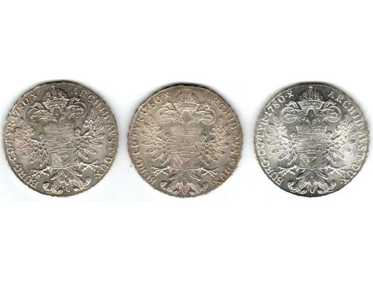 1780 Silver Austrian Maria Theresa Thaler Coins (Restrike, Varied Condition), a lot of 3 coins Unc