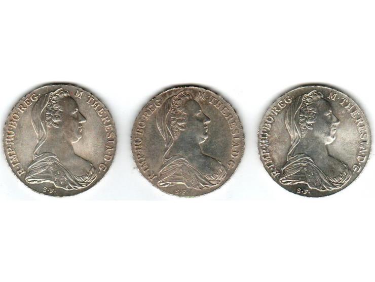 1780 Silver Austrian Maria Theresa Thaler Coins (Restrike, Varied Condition), a lot of 3 coins Unc