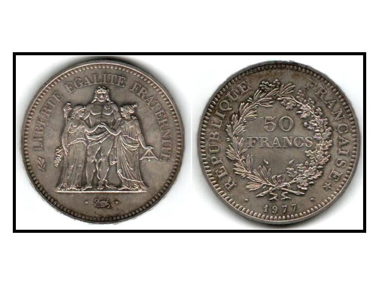 1977 Hercules 50 French KM # 941.1 Francs 90% Silver Coin Monster Rainbow Toning. AU.