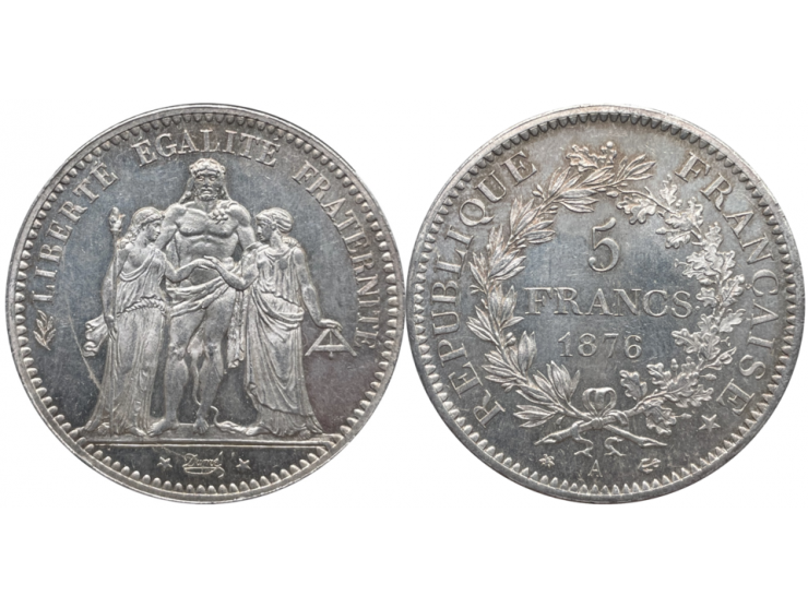 1876 A France 5 Francs - Modern Republic Hercules Silver Rainbow Toning. KM # 820.1. VF