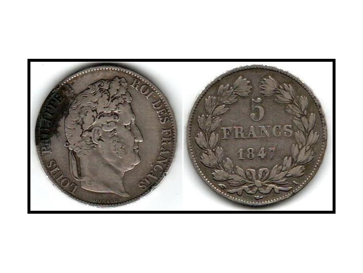 1847-A France 5 Francs VF Louis Philippe Paris Silver Crown Coin KM # 749.1&nbsp;Louis-Philippe, Laureate head right, Mint ma