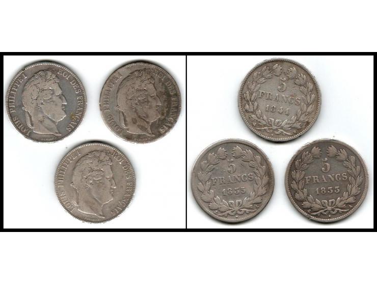 1833A / 1835A /1841B -&nbsp;&nbsp;Lot of 3 coins France 5 Francs VF Louis Philippe Paris Silver Crown Coin KM # 749.1- 749.2 