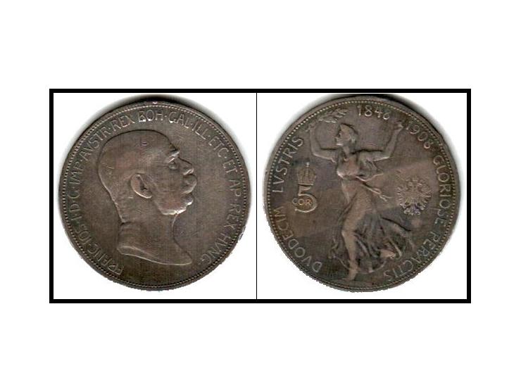 Austria 1908 5 Corona 35mm (24.00 grams) 0.900 Silver (0.6945 oz. ASW) &nbsp;Reference: KM# 2809