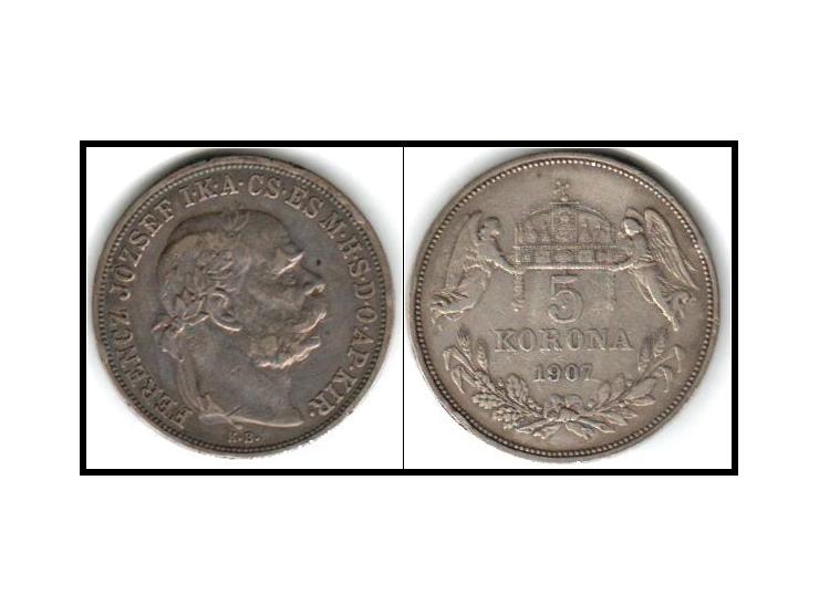 1907 K.B. HUNGARY w King Franz Joseph I Hungarian Antique Silver 5 Korona Coin KM #488