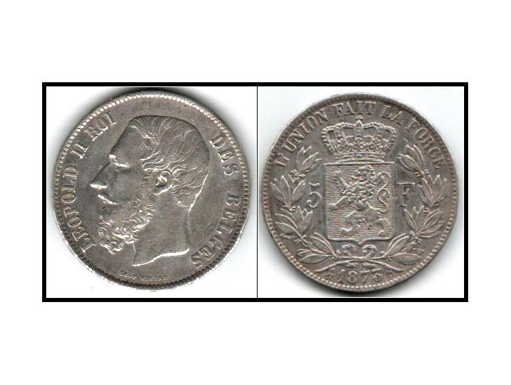 Belgium 1873 KM # 24 Five 5 Francs Nice Toned XF+ Condition