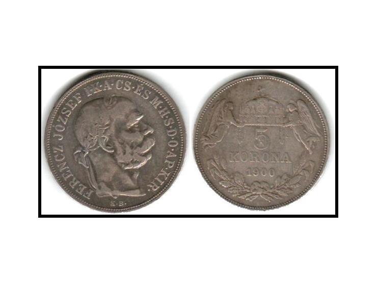 1900 K.B. HUNGARY w King Franz Joseph I Hungarian Antique Silver 5 Korona Coin KM #488