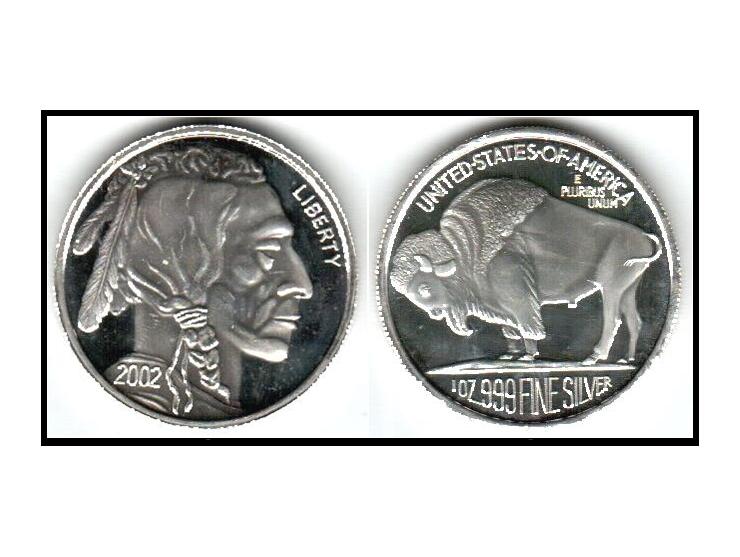 2002 US Liberty Buffalo Indian Mint-999 Silver 1 Oz Ounce Art Bar Round Coin. Unc