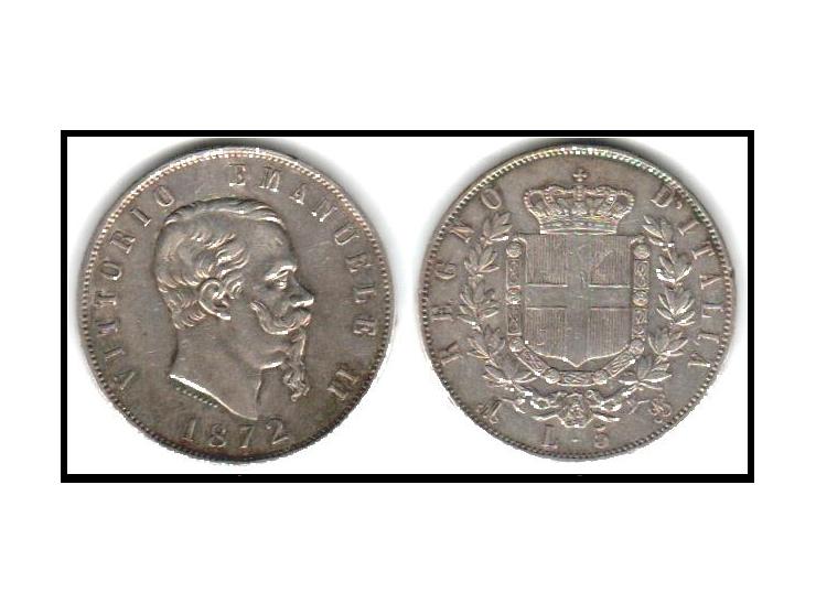 SC. Italy - Vittorio Emanuele II. 5 Liras 1872 Milan. MBC+/VF+ Silver 24.93 g.KM # 8.3 vf
