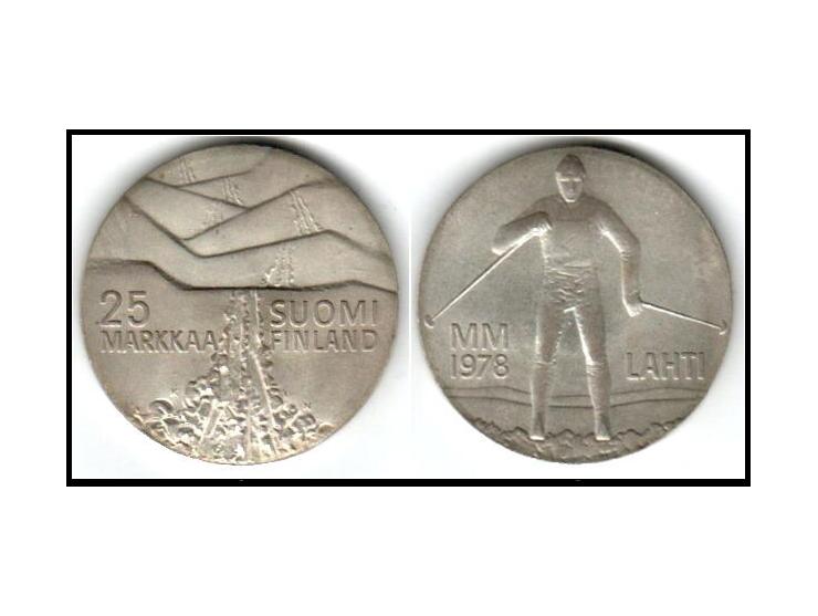 1978 Finland 25 Markaa Skiing Championships 50% Silver Coin Grades MS BU UNC.&nbsp;KM # 56