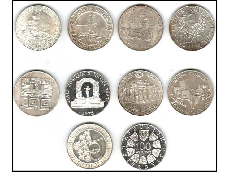 Austria. Second Republic. 100 Schilling lot of 10 different coins. 0.6400 Silver, Weght 23.93g x 10 Total 239gAll Unc.1974. K