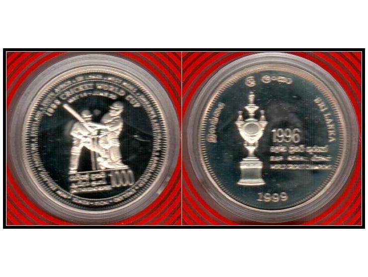Sri Lanka KM # 159 1000 rupees Cricket World Cup Two Players in 1999, Description: Material: Ag 925, Weight (g): 28.28, Gross